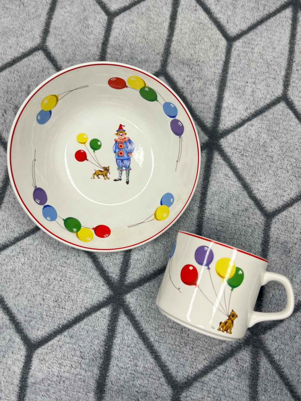 The Happy Clown by Johnson Brothers Ironstone Balloon Clown Ceramic Bowl Mug Set